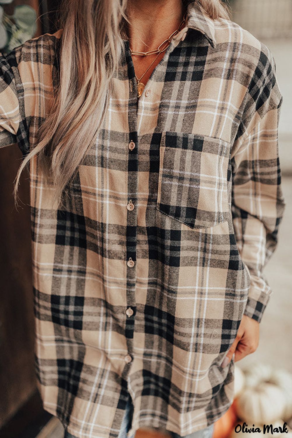 Xieyinshe - Khaki Check Button Long Sleeve Shirt