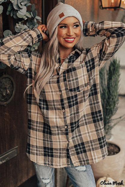 Xieyinshe - Khaki Check Button Long Sleeve Shirt