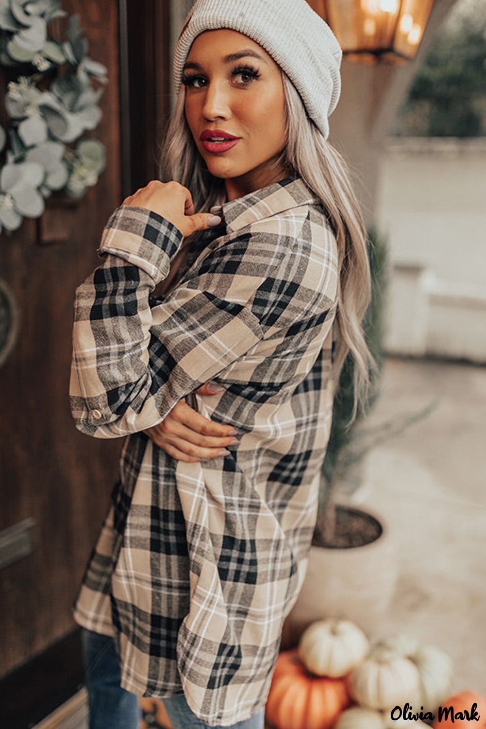 Xieyinshe - Khaki Check Button Long Sleeve Shirt