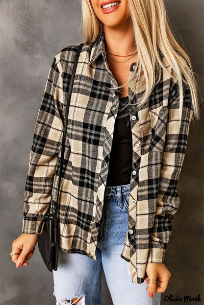 Xieyinshe - Khaki Check Button Long Sleeve Shirt