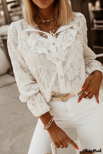 Xieyinshe - White Lace Embroidered Ruffled Button Down Long Sleeve Shirt