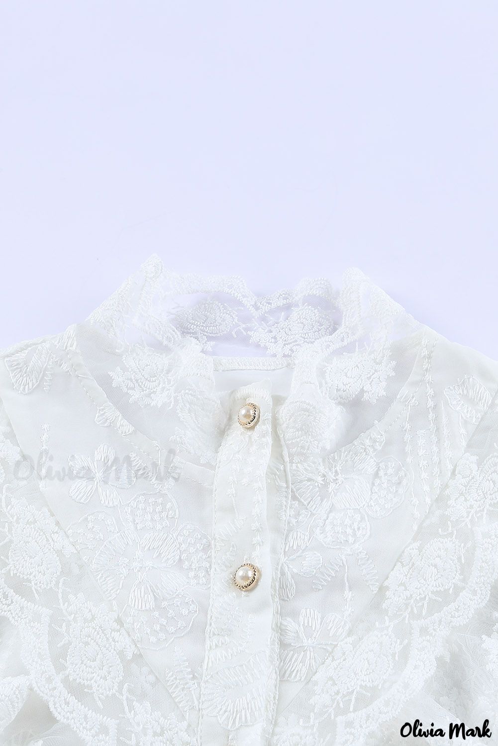 Xieyinshe - White Lace Embroidered Ruffled Button Down Long Sleeve Shirt