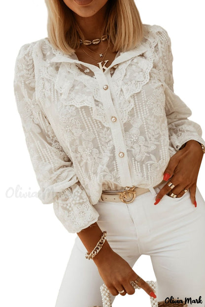 Xieyinshe - White Lace Embroidered Ruffled Button Down Long Sleeve Shirt