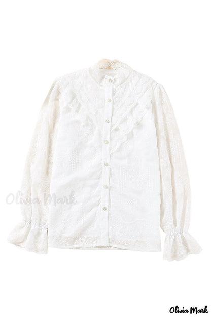 Xieyinshe - White Lace Embroidered Ruffled Button Down Long Sleeve Shirt