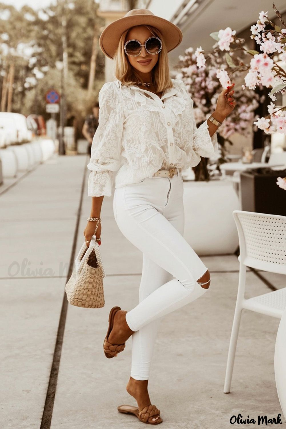 Xieyinshe - White Lace Embroidered Ruffled Button Down Long Sleeve Shirt