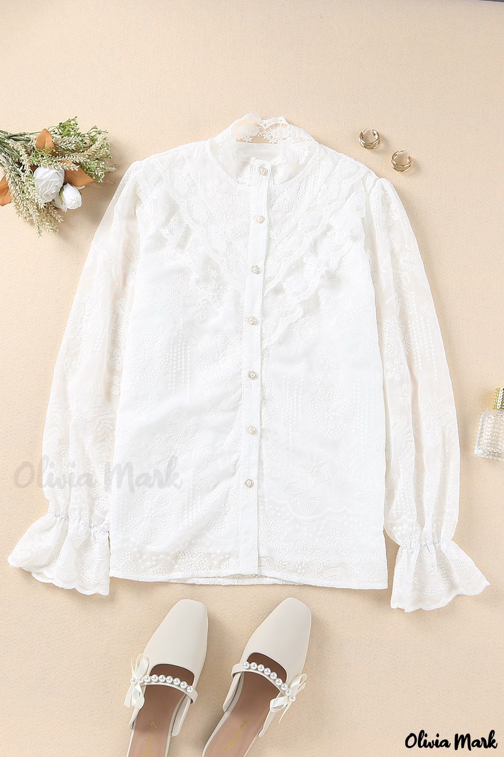 Xieyinshe - White Lace Embroidered Ruffled Button Down Long Sleeve Shirt