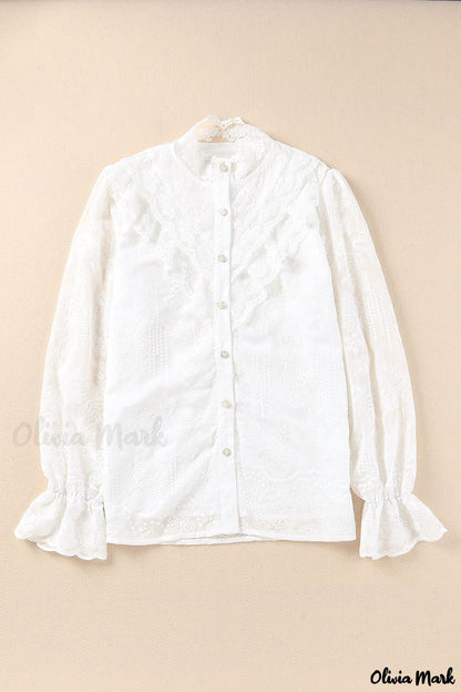 Xieyinshe - White Lace Embroidered Ruffled Button Down Long Sleeve Shirt