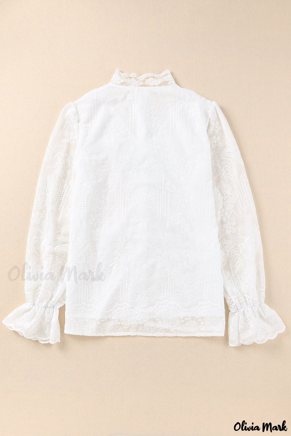 Xieyinshe - White Lace Embroidered Ruffled Button Down Long Sleeve Shirt