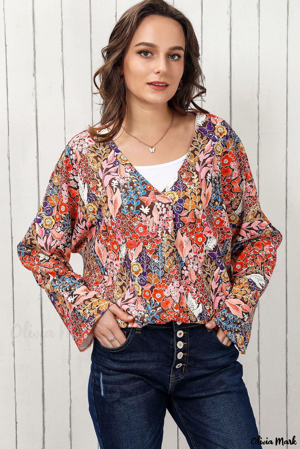 Xieyinshe - Bohemian Floral Long Sleeve V-Neck Blouse