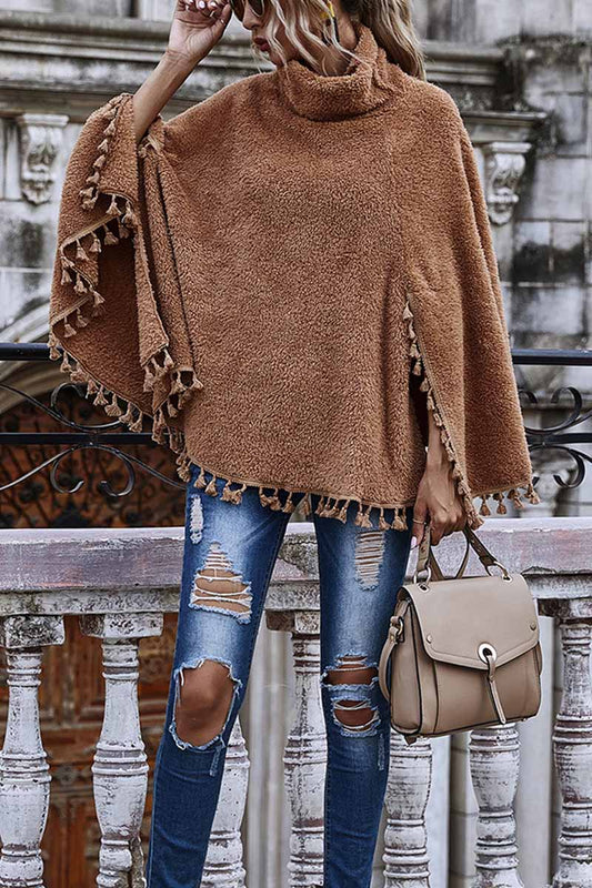 Xieyinshe Xieyinshe Loose High Neck Cape Coat With Fringed