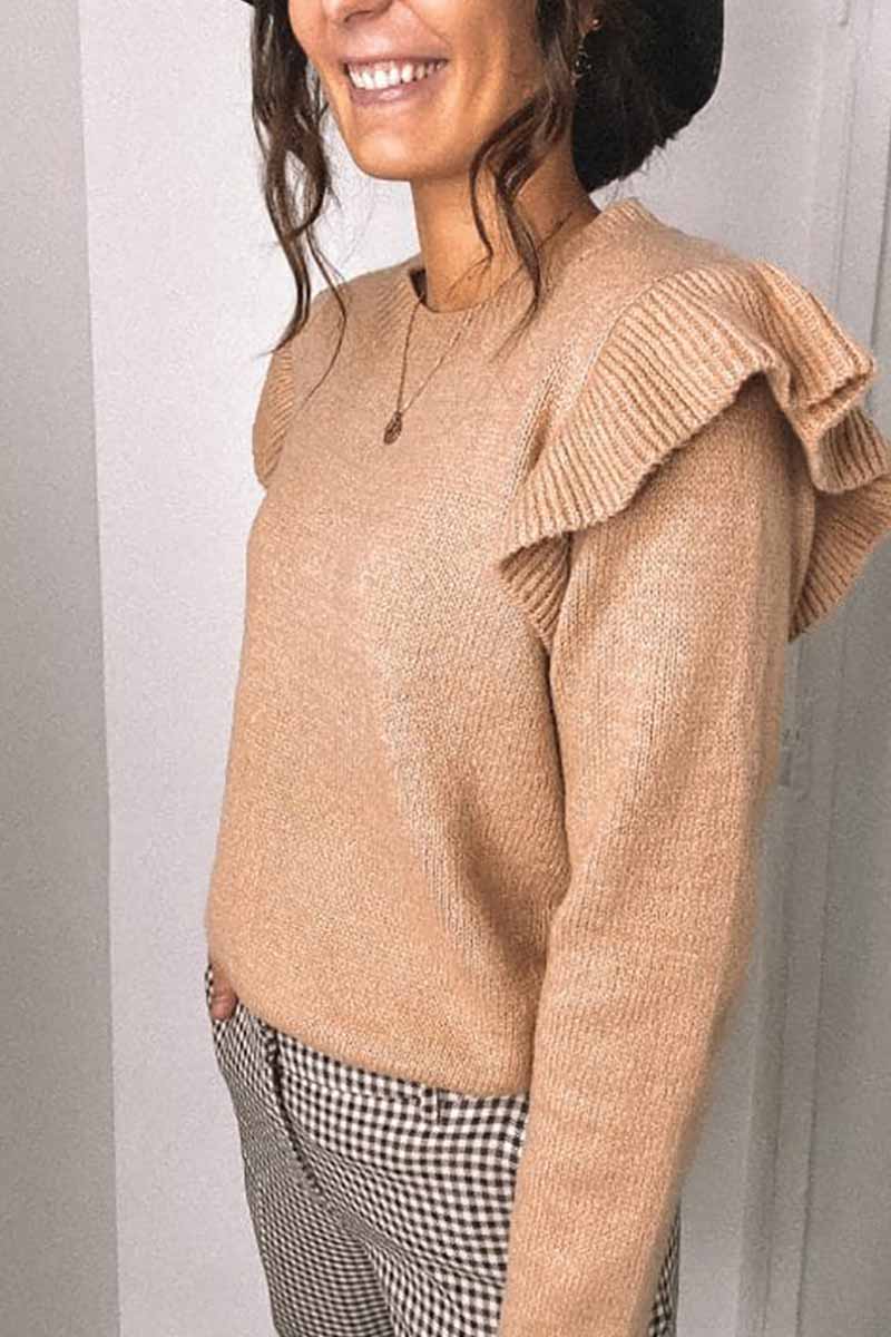 Xieyinshe Xieyinshe Solid Color Ruffle Knitted Sweater