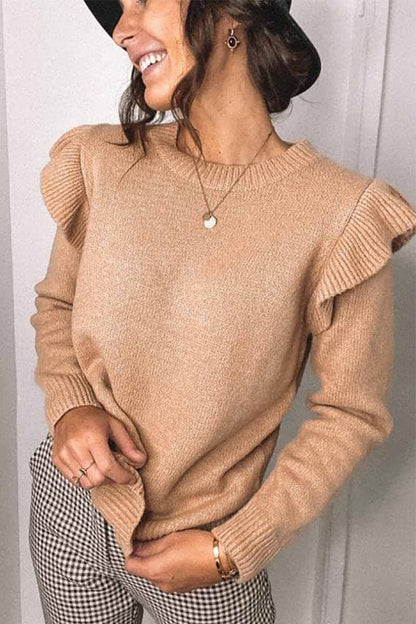 Xieyinshe Xieyinshe Solid Color Ruffle Knitted Sweater