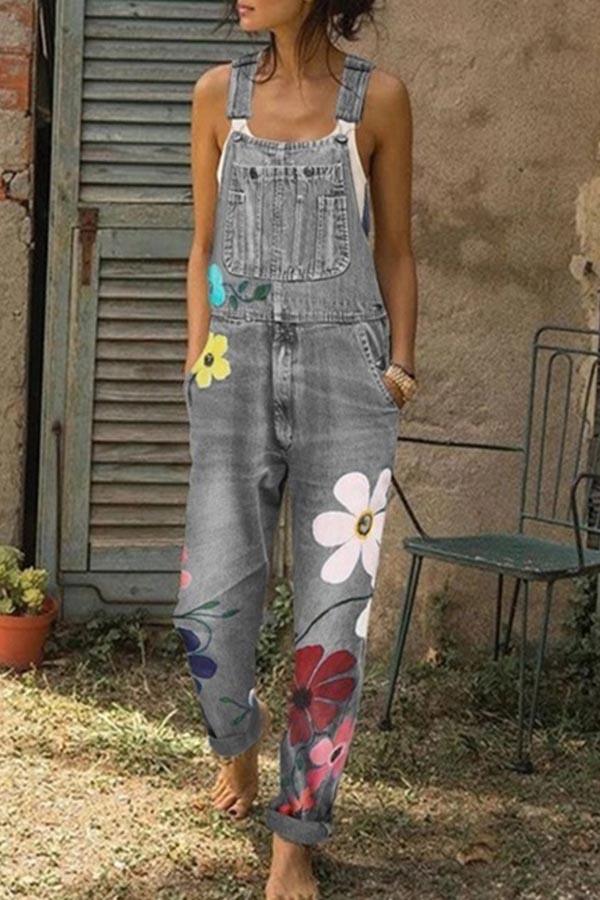 Xieyinshe  Flower-printed Baggy Jeans With Suspenders(3 Colors)