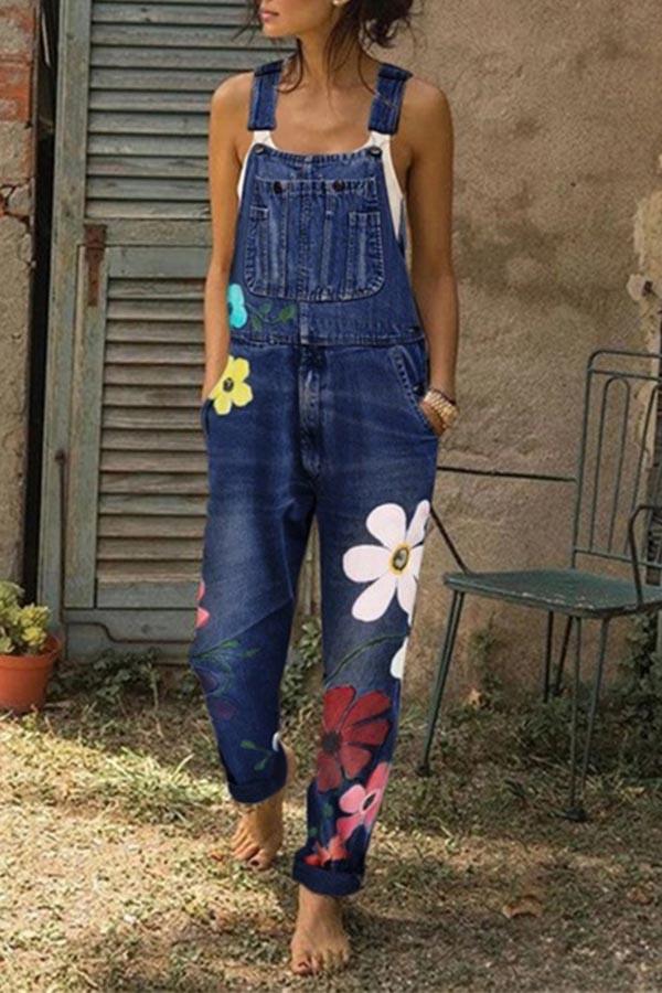 Xieyinshe  Flower-printed Baggy Jeans With Suspenders(3 Colors)