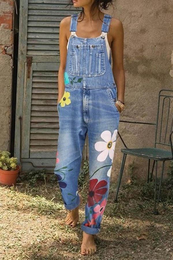 Xieyinshe  Flower-printed Baggy Jeans With Suspenders(3 Colors)