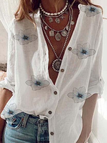 Cotton-Blend Casual Long Sleeve Floral-Print Shirts & Tops