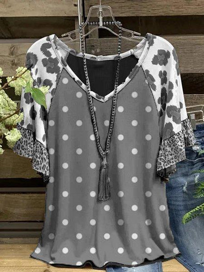 Polka Dots Short Sleeve V Neck Casual Shirts & Tops