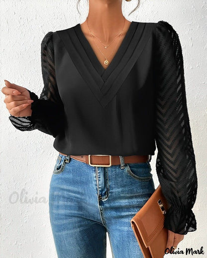 Xieyinshe - Contemporary Sheer Mesh Long Sleeve Top with Chevron Pattern