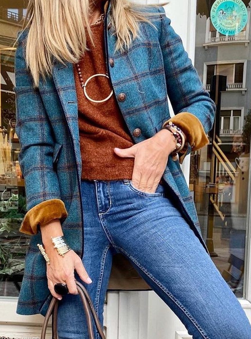 Fashion Plaid Print Button Coat Women