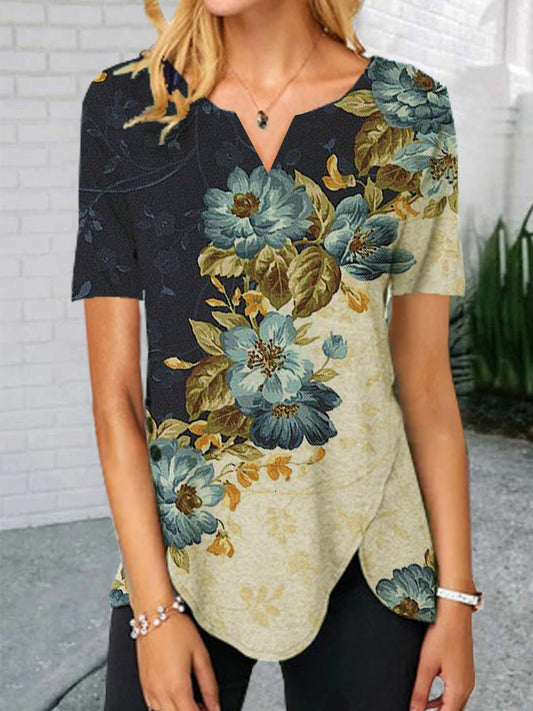 Floral  Short Sleeve Printed  Cotton-blend  V neck  Lady  Summer  Blue Top