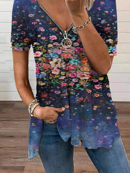 Polyester Cotton Short Sleeve Floral V Neck Shirts & Tops