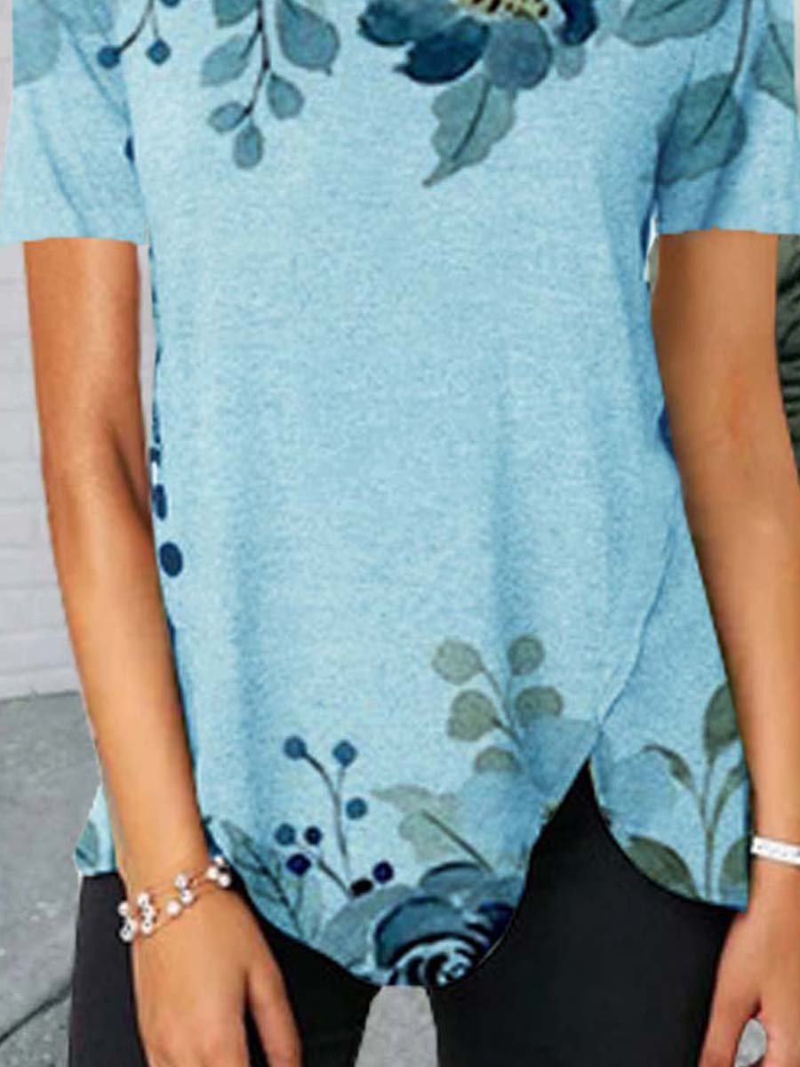 Floral  Short Sleeve Printed  Cotton-blend  V neck  Casual Summer  Blue Top