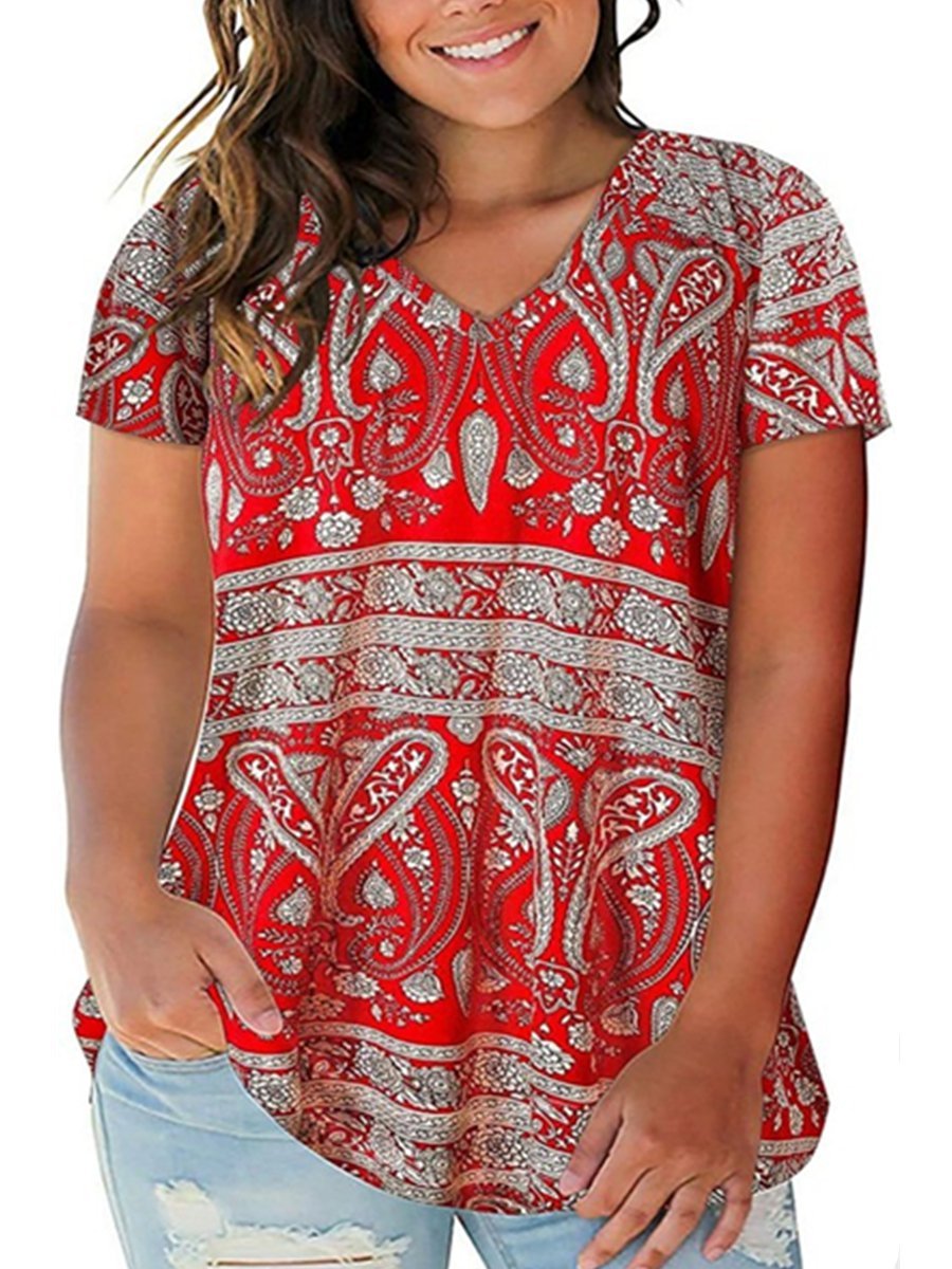 Tribal A-Line Short Sleeve V Neck Shirts & Tops