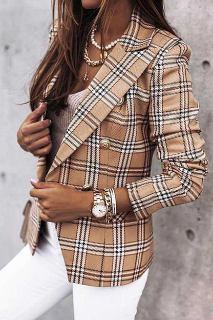 Fashion Double Breasted Plaid Print Jacket