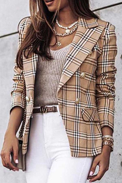 Fashion Double Breasted Plaid Print Jacket