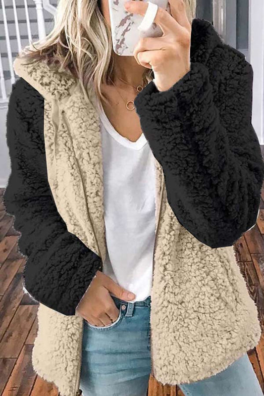 Fashion Stitching Winter Plush Hooded Coat