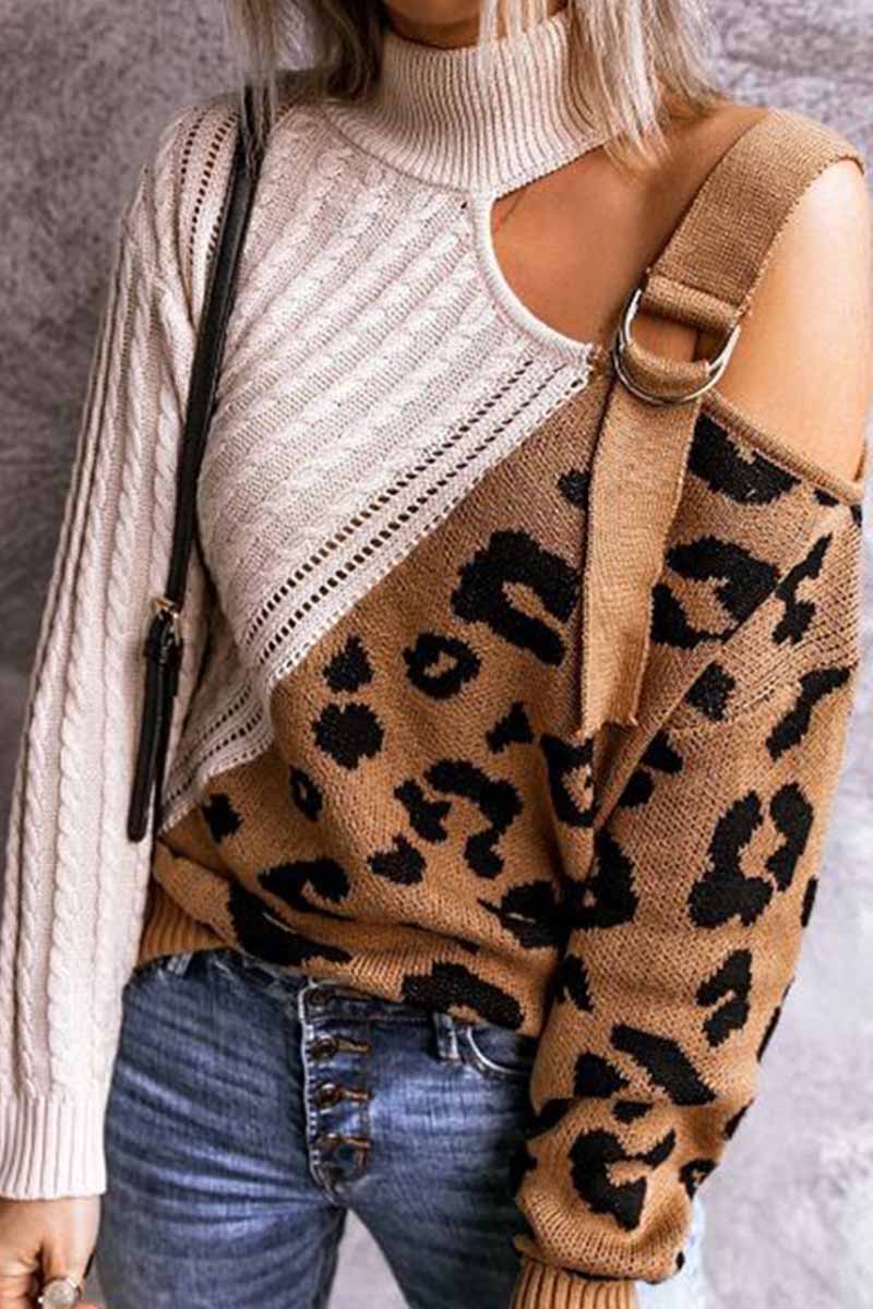 Xieyinshe Xieyinshe Turtleneck Leopard Print Patchwork Cold Sweater