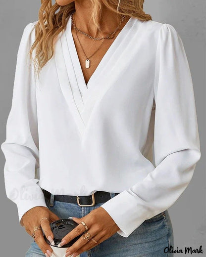 Xieyinshe - V-Neck Long Sleeve Ruched Blouse